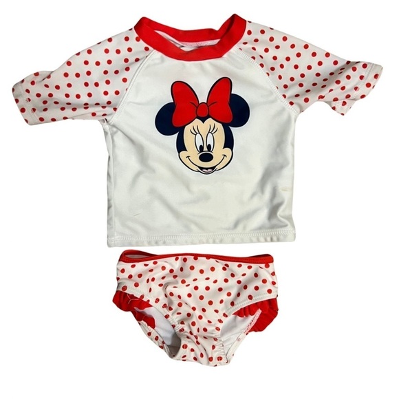 Disney Baby Red and White Polka Dot Minnie Mouse Rash Guard Swimsuit 6-9 Months - Picture 1 of 6